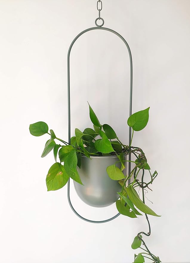Boho Green Metal Plant Hanger,Metal Wall and Ceiling Hanging Planter, Modern Planter, Mid Century Flower Pot Plant Holder, Minimalist Planter for Indoor Outdoor Home Decor