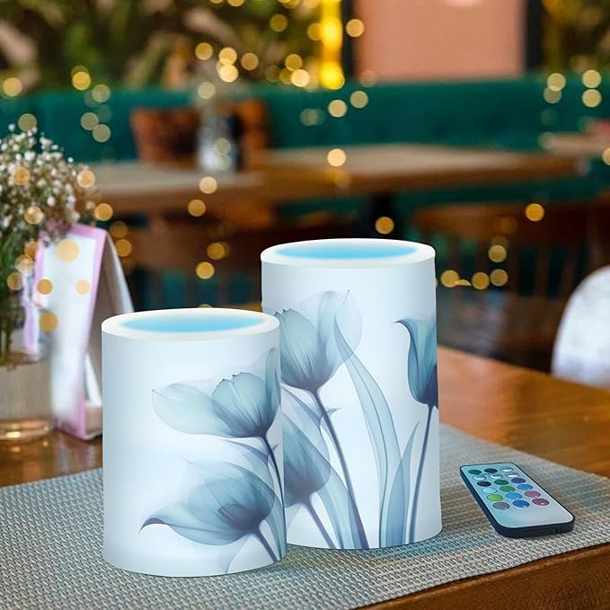Flickering Flameless Candles, Blue Tulip Flower LED Candles with Remote Timer, Set of 2 Battery Operated Candle for Valentine Wedding Birthday