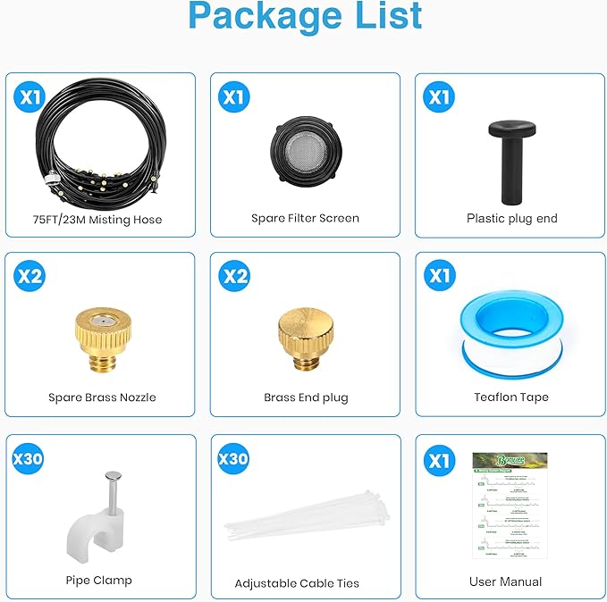Bonviee Misters for Outside Patio - 75FT Misting Cooling System with 28 Brass Nozzles and 3/4" Adapter, 23M DIY Outdoor Misters Kit for Garden, Greenhouse, and Patio Cooling