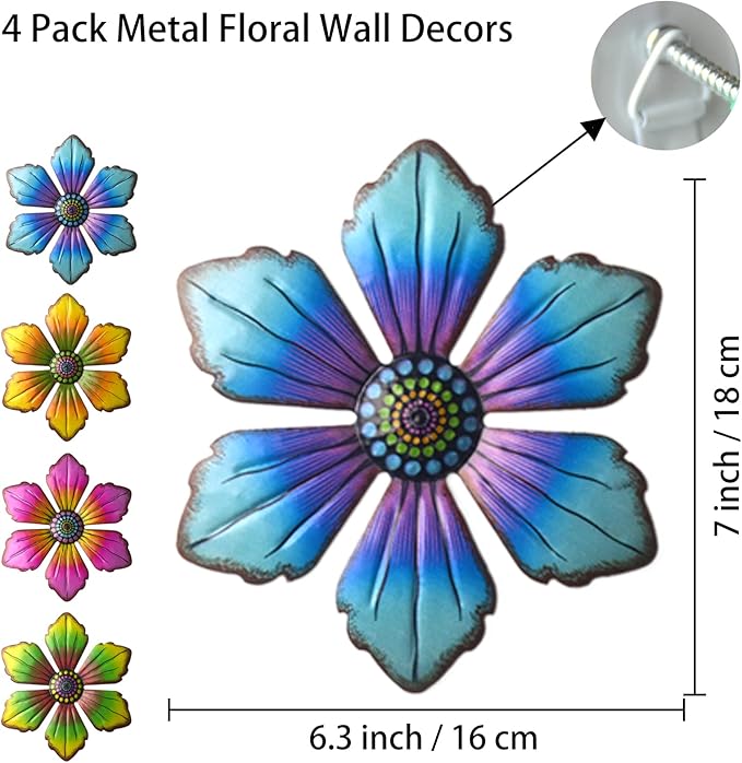 Gooyule Metal Flower Decor, 4-Pack Metal Floral Wall Decor 7 * 6.3 in Colorful Flower Wall Art Indoor Outdoor Hanging Wall Decor Set for Home Office Garden Yard