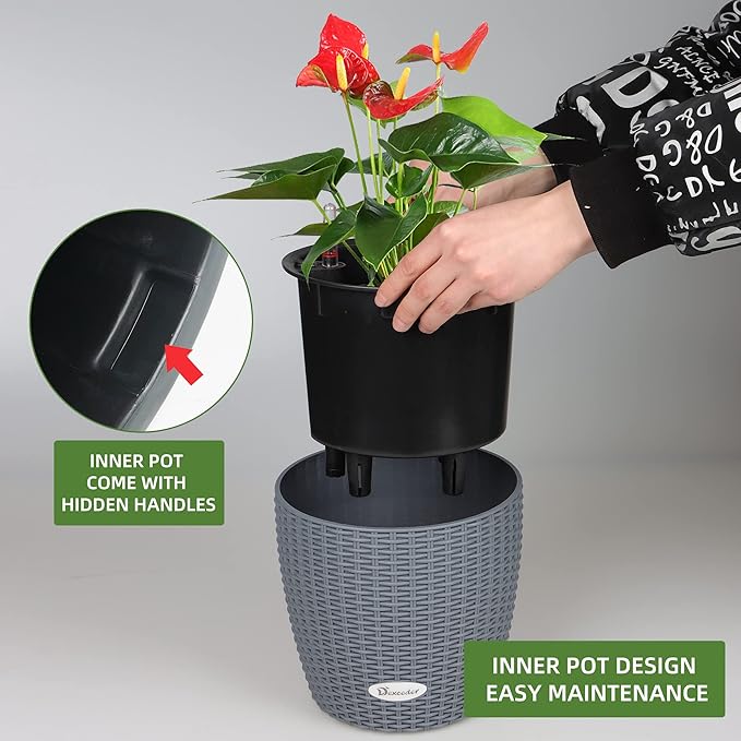 Dexceder 9x8 Inches Rattan Self Watering Planter Indoor Outdoor, Inner Pot Design, Thickened Table Flower Plant Pot with Water Level Indicator (Deep Gray)