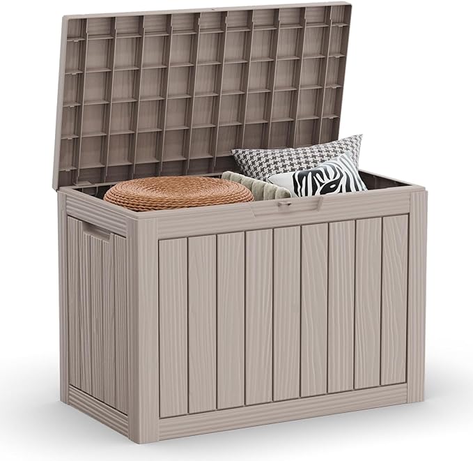 46 Gallon Outdoor Deck Box,Storage Lockable Waterproof Patio Furniture,Garden Tools,Cushions,Pool Accessories Outside Storage Resin Box(Light Brown)