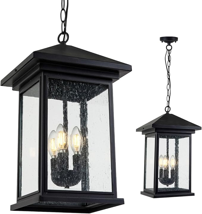 Classic Outdoor Hanging Lantern – Weather-Resistant, Stylish, Matte Black Finish, Clear Seeded Glass and Functional, Extra Large Size