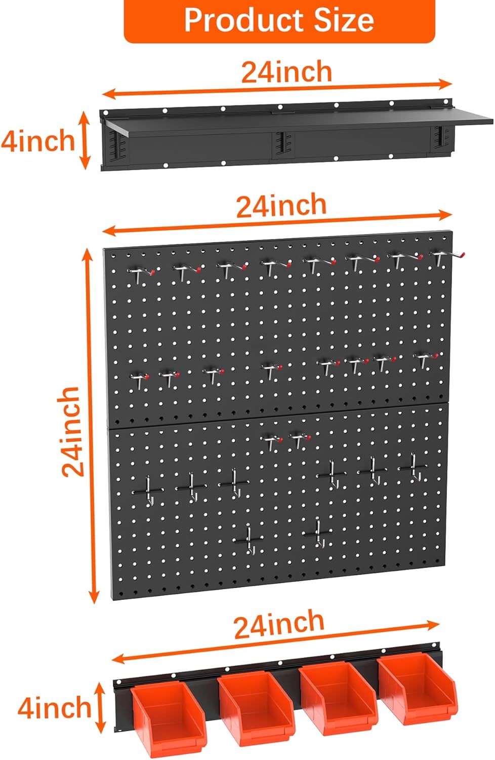 TORACK Garage Metal Pegboard with Accessories, Tools Organizer Peg Board with Pegboard Hooks, Bins, Tool Storage Pegboards for Wall(Black)