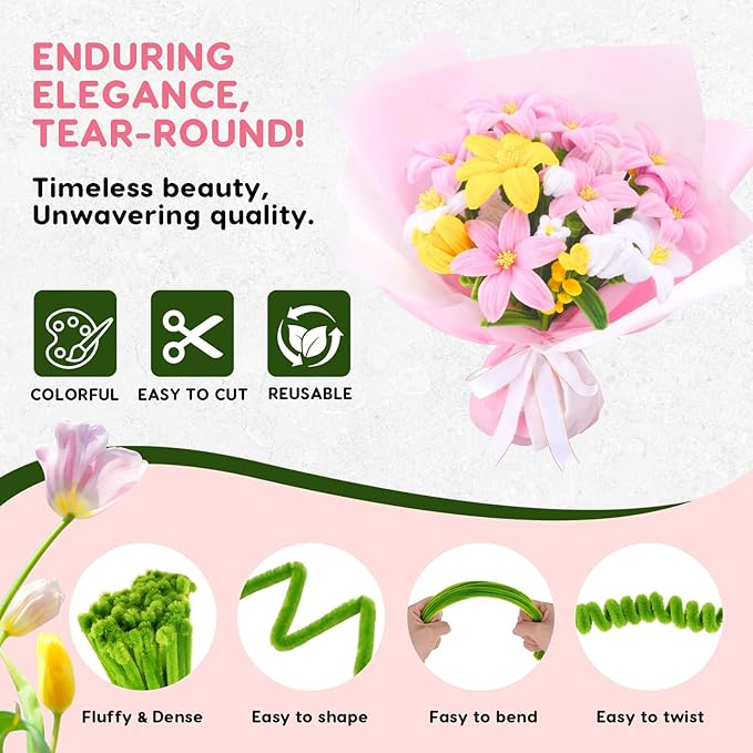 1800PCS Pipe Cleaners Craft, Pipe Cleaner Bulk Flower Kit, 6 Colors Chenille Stems Flower Making Kit with Floral Wrapping Paper and Ribbon, Gardening Tape, Stamen for Art and Craft Supplies