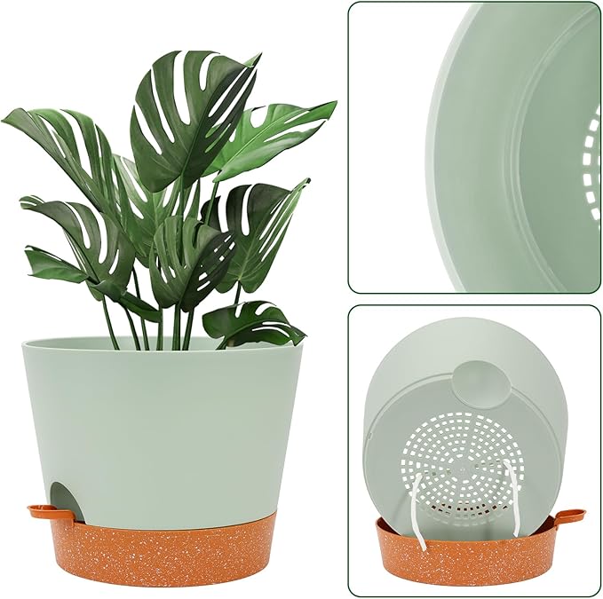 GARDIFE 12 inch Plant Pots, planters, Self Watering Pots, Large Plastic Flower pots with Deep Reservior and High Drainage Holes for Indoor Outdoor Plants and Flowers, Green