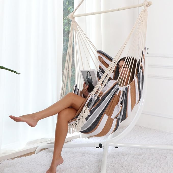 Chihee Hammock Chair Hanging Chair with Foot Rest 2 Cushions Max 500lbs Robust Metal Spreader Bar Collapsible Easy Storage Soft Cotton Swing Chair Strong Strap Iron Carabiner Side Pocket Included