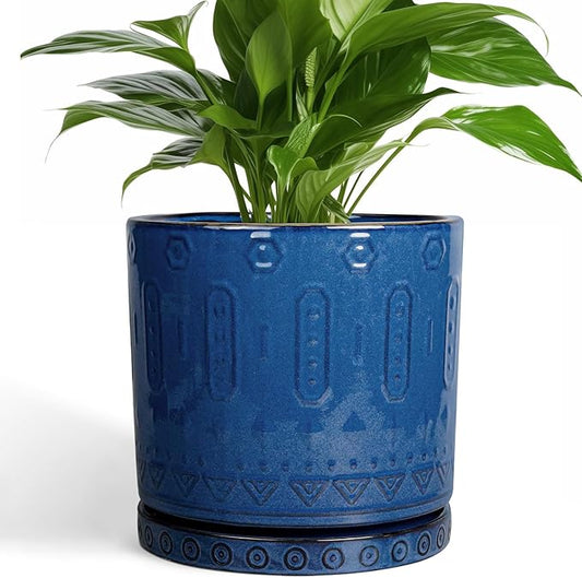 Ceramic Planter - 8 Inch Plant Pot Indoor with Drainage Holes and Saucer Round Planter Outdoor Mid-Century Modern Flower Pot Succulent Pot for Home Decor Blue