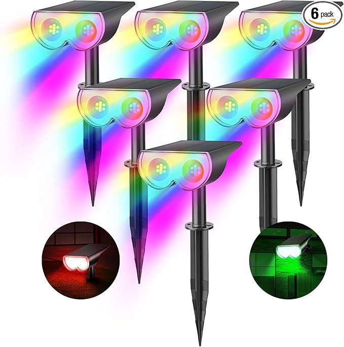 Consciot Solar Spot Lights Outdoor, Halloween Decorations 16 LEDs IP67 Waterproof Color Changing Solar Outdoor Lights, 8 Colors, 2-in-1 Adjustable Wall Lights for Garden Yard Pathway, 6 Pack(RGB)