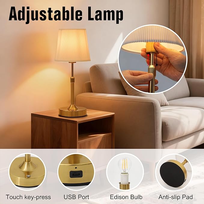 Gold Adjustable Table Lamp, USB Rechargeable, Vintage Edison Bulb Design, Decor for Bedroom Dining Room, Gift for Home Decor Lovers (Night Light)