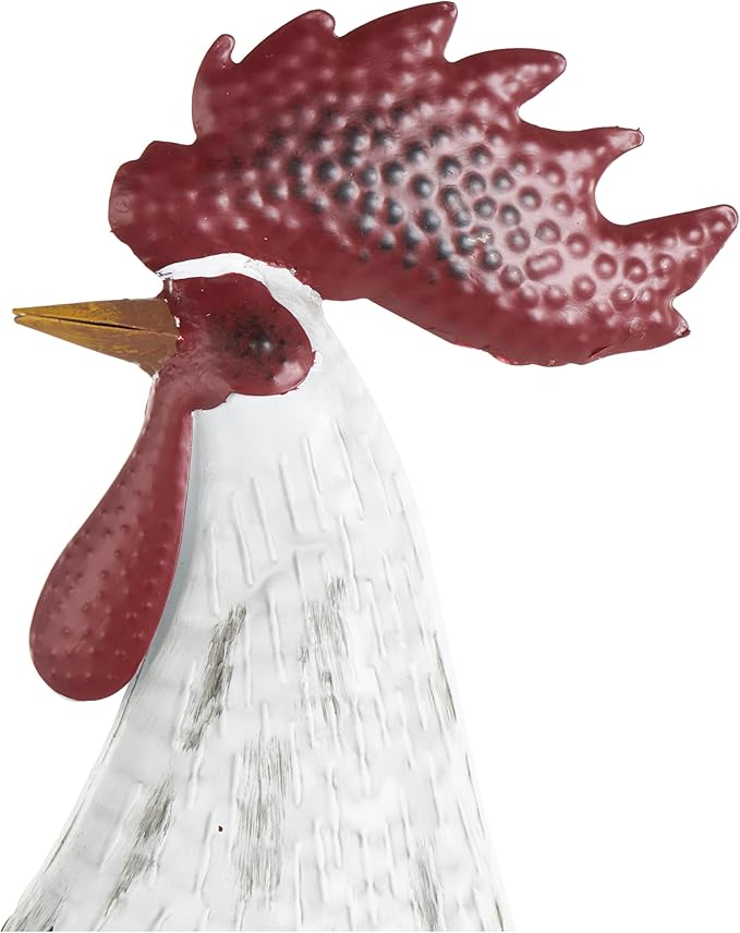 Deco 79 Metal Rooster Decorative Garden Sculpture Garden Statue with Black Texturing and Red Accents, Outdoor Sculpture 15" x 6" x 18", White