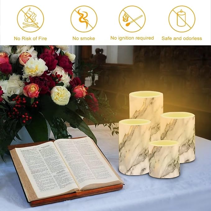 Flameless LED Candles Electric Candles with Remote Timer Control Color Changing Long Lasting Pillar Candles Tealights for Home Indoor Outdoor Decoration Pack of 4, Grey White Marble