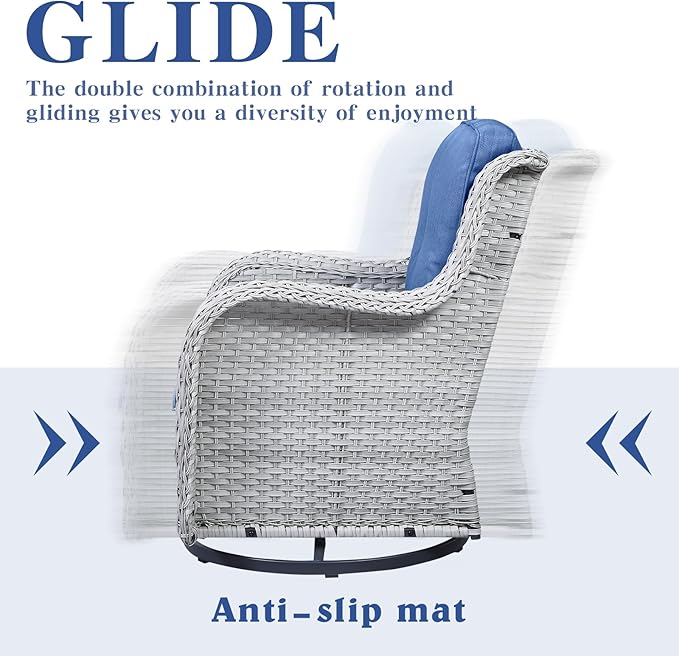 5 Piece Outdoor Patio Furniture Set - Patio Wicker Furniture Conversation Set, Outdoor Swivel Rocker Chairs with Loveseat Sofa and 2 Ottomans for Small Space, Blue Cushion