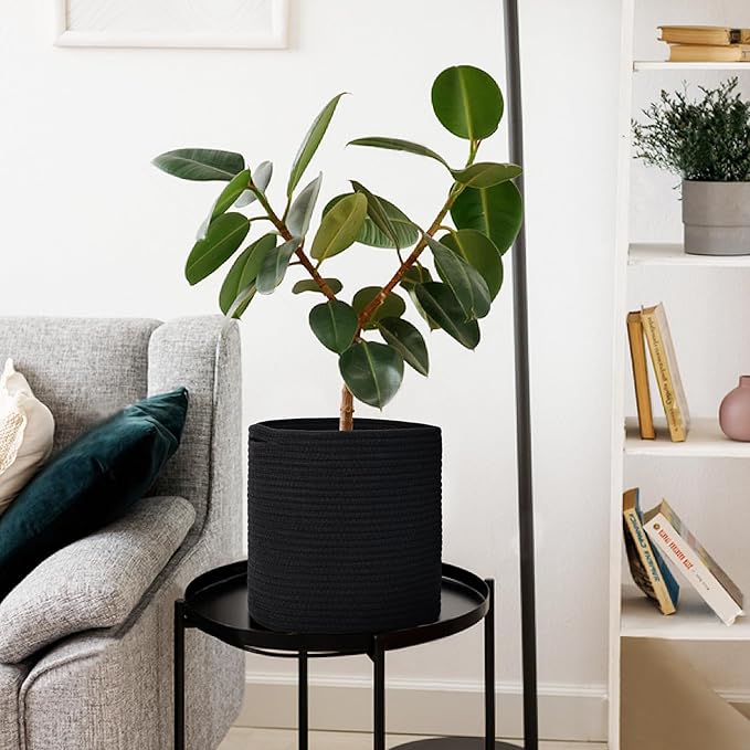 Cotton Rope Plant Basket, Woven Basket Planter for 11 inch Pot, Round Indoor Tree Pot Cover, Storage Bin Organizer, Modern Basket for Plants and Home Decor, 12.5”X12.5”, Black