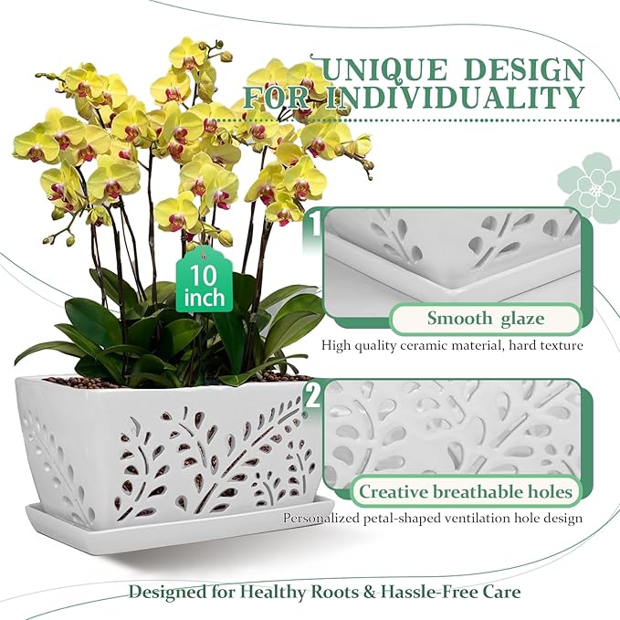 Ceramic Orchid Pot, 10 Inch Rectangular Orchid Pots with Holes, Premium Thickened Handmade Glazed Pot for Orchidaceae Plants, Indoor Outdoor Decorative Flower Pot for Easy Repotting