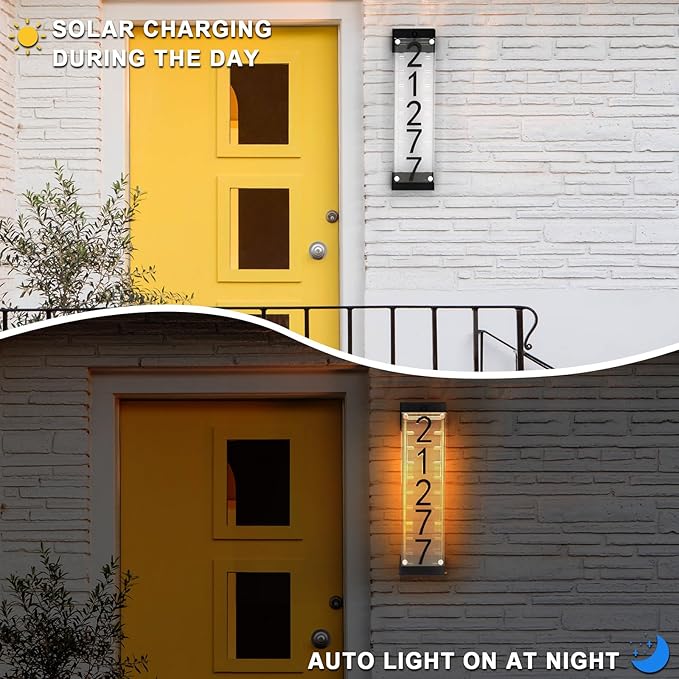 Solar House Number [Upgrade 3D Acrylic Number] Solar Address Sign Increase Brightness, Number Is Bold, Anchor Is Made Of Iron,Solar House Number Sign with Two Lighting Modes and Two Installation (White)(Manual without remote control) (Discoloration)