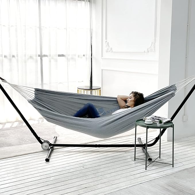 ANYOO Cotton Hammock Portable Camping Hammocks for Hanging Sturdy Garden Comfortable Fabric Hammock with Tree Straps Up to 660lbs with Travel Bag for Camping Outdoor/Indoor Patio Backyard