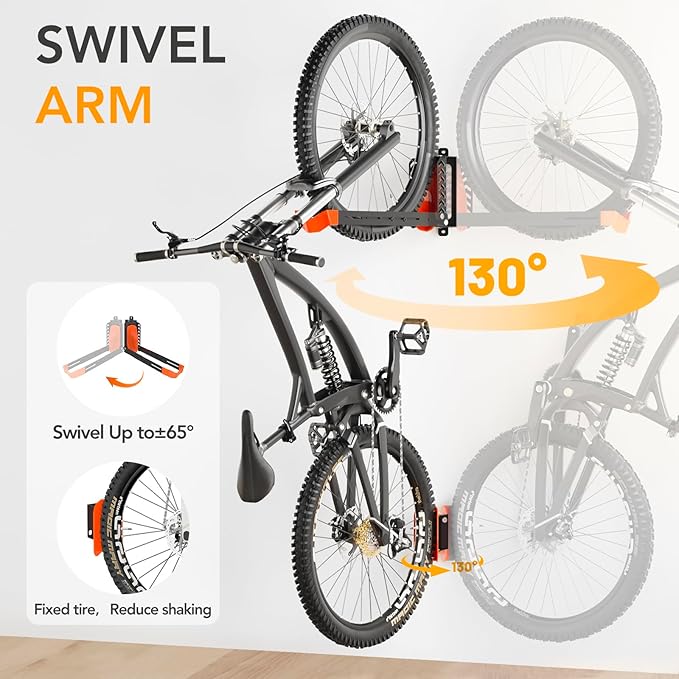 Swivel Bike Rack Wall Mount, Bike Hangers for Garage, Space-Saving Vertical Bike Holder, Holds up to 77 lbs, Bicycle Wall Hanger Storage, No Heavy Lifting Required Indoor Hanging Bike Rack-Orange