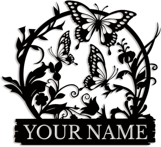 Custom Butterfly Metal Sign,Personalized Butterfly House Number Signs,Personalized Gardener Name Sign,Garden Patio Wall Decor (Style-4)