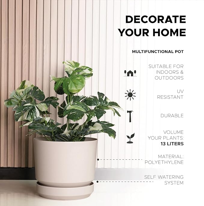 Elly Décor 14 inch Plastic Cylinder Planter Pot with Self-Watering Saucer and Drainage Hole,Lightweight & Extremely Durable, 14"x 14", Ivory