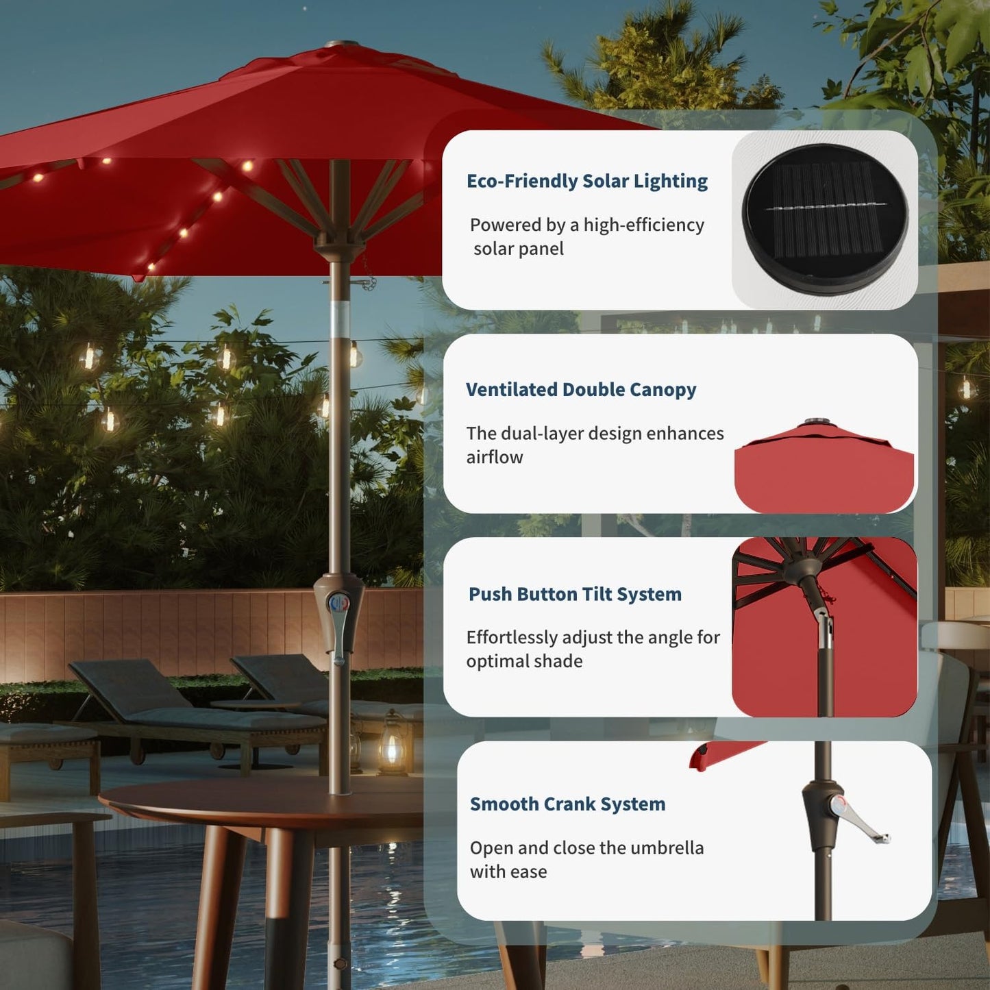 9FT Solar Umbrella 32 LED Lighted Patio Umbrella Table Market Umbrella w/Tilt and Crank, UV-Resistant Outdoor Umbrella for Pool, Garden, Deck, Red