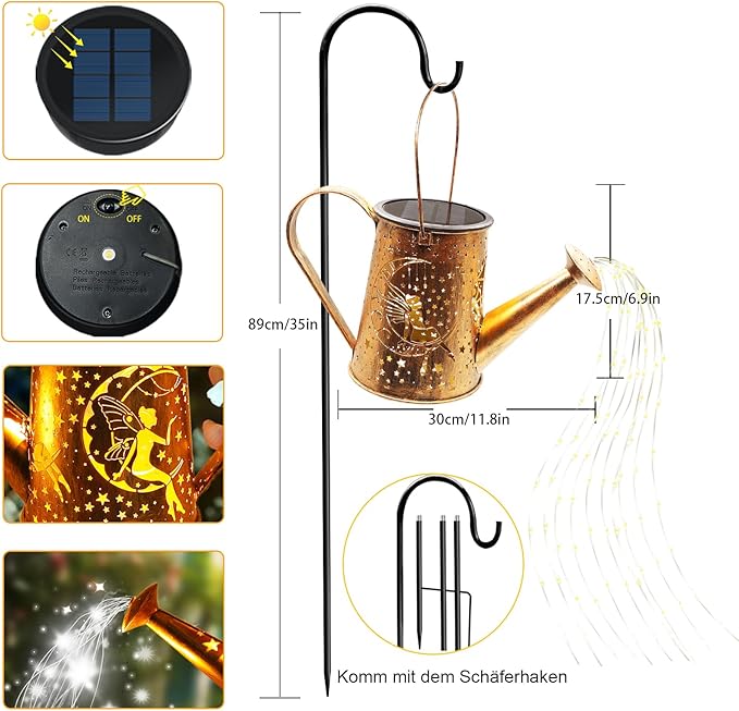 Big Solar Powered Watering Can Lantern & Moon Fairy Garden Decor Set Outdoor Waterproof Hanging Path Lights with Shepherd Hooks, Perfect Patio Decor Gardening Gift for Women, Mom, Grandma (Cool White)