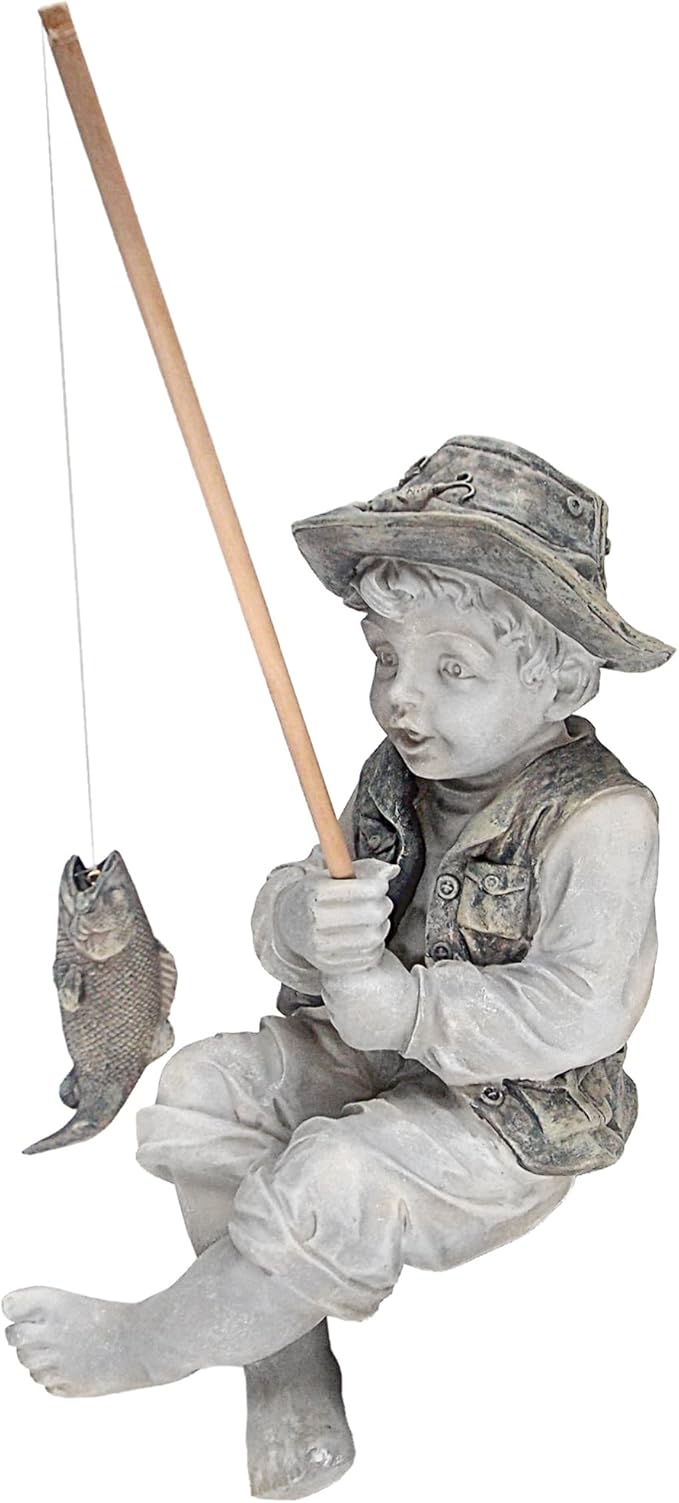 Design Toscano Frederic the Little Fisherman of Avignon Boy Fishing Garden Statue, 15 Inch Tall, Cast Stone Resin, Two Tone Stone Finish