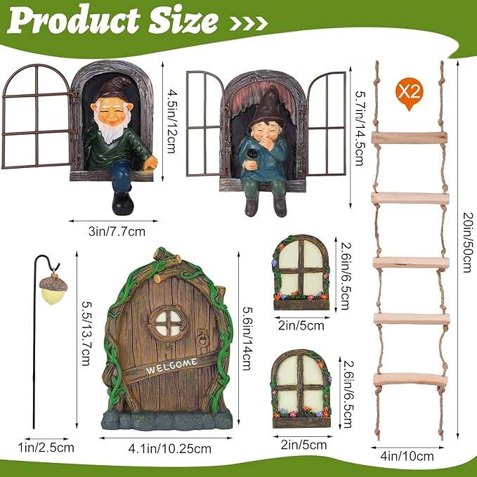 7 Pcs Fairy Garden Accessories Tree Hugger Gnome Statue Fairy Door Window Set Dwarf Elf Landscape Figurine Out The Door Resin Sculpture Hanging Tree Faces Decor for Trees Outdoor Decor