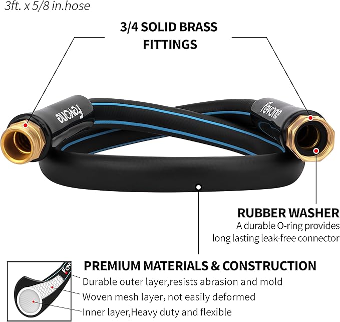 Fevone 3 ft Garden Hose x 5/8", Hose Reel Leader Hose, Lead In Water Hose, Fits Hoses/Pipes of All Replacement/Replaceable Parts, Solid Brass Fittings - No Leak