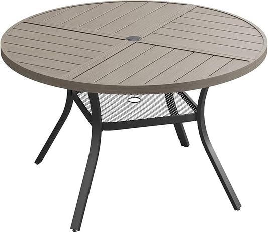 DIFY 40.6" Round Outdoor Patio Dining Table for 4, All-Weather Metal Steel Slatted Patio Table with 1.57" Adjustable Umbrella Hole, for Lawn Garden Porch Backyard, Grey Wood-Like
