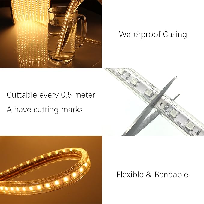 5050-60 Type AC 110-120V RGB LED Strip Lights, Flexible/Waterproof/Dimmable/Multi-Colors/Multi-Modes LED Rope Light + 24 Keys Remote for Home/Garden/Building Decoration (16.4ft/5m, RGB)