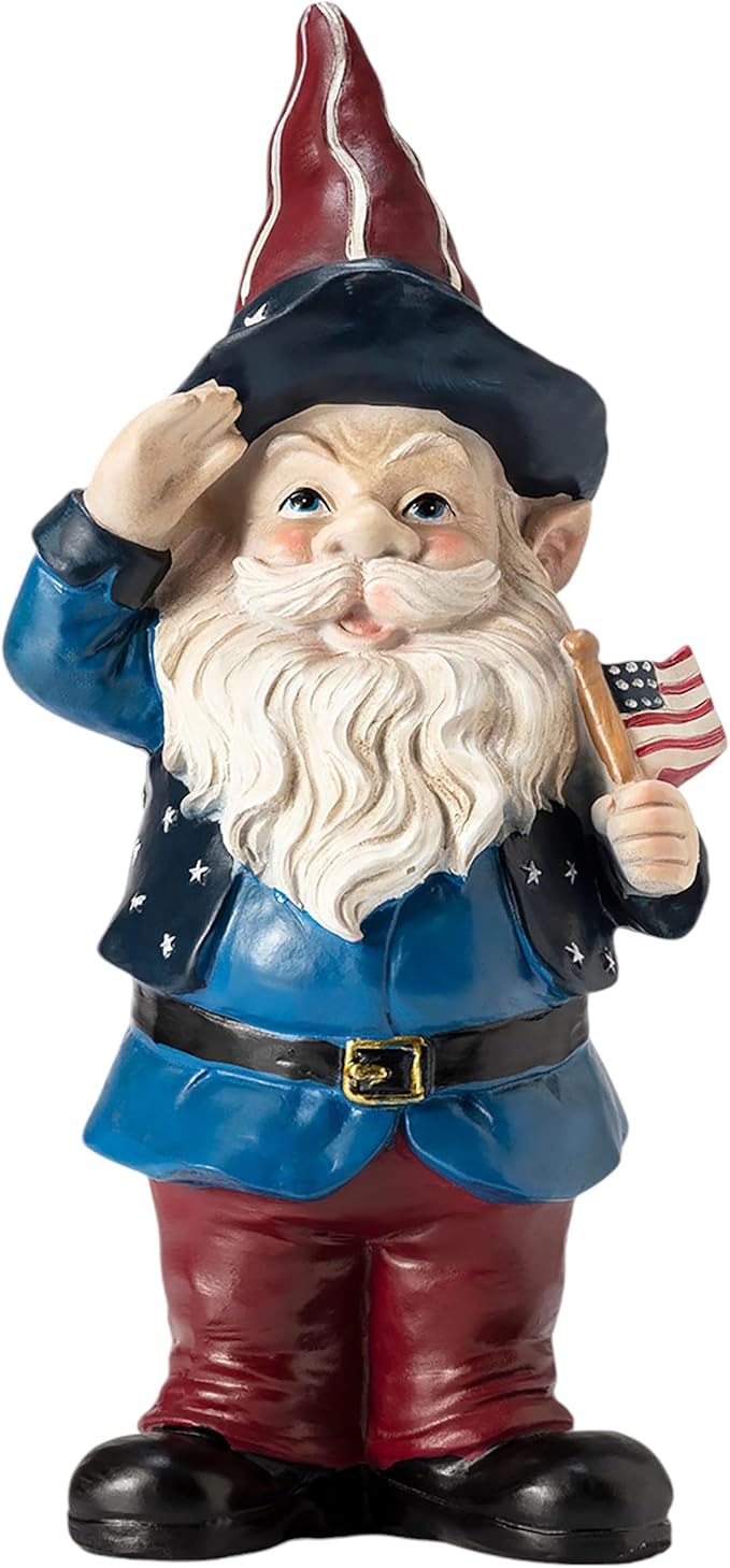 Alpine Corporation 12" Tall Outdoor Patriotic Garden Gnome Saluting Yard Statue Decoration