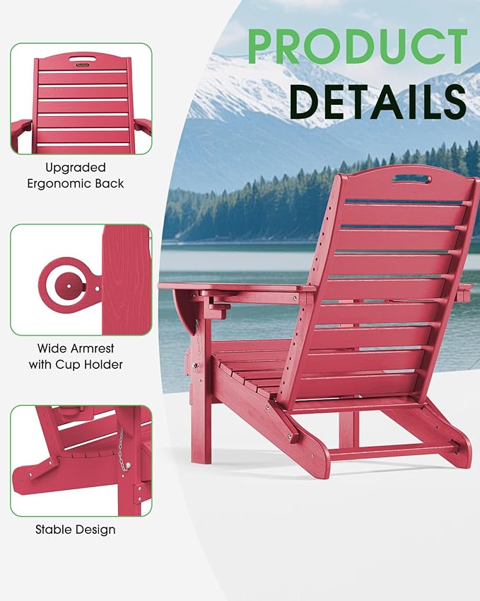 Folding Adirondack Chair HDPE All-Weather Adirondack Chairs with Cup Holder, Outdoor Fire Pit Chairs Lawn Chair for Deck Patio Garden (Red)