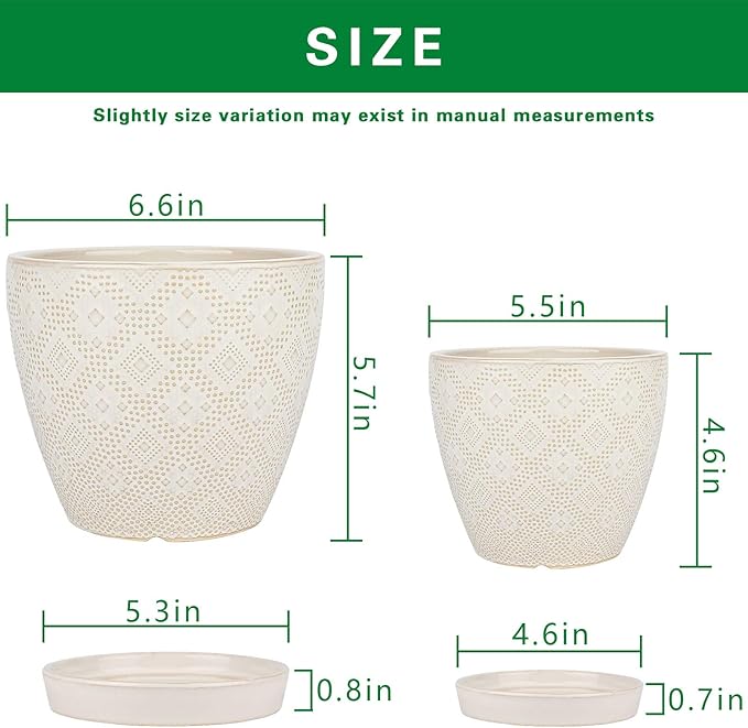 Docrin Ceramic Plant Pots Indoor, 6.6 + 5.5 Inch Planters with Drainage Holes and Saucer for Home/Office - Set of 2 /White
