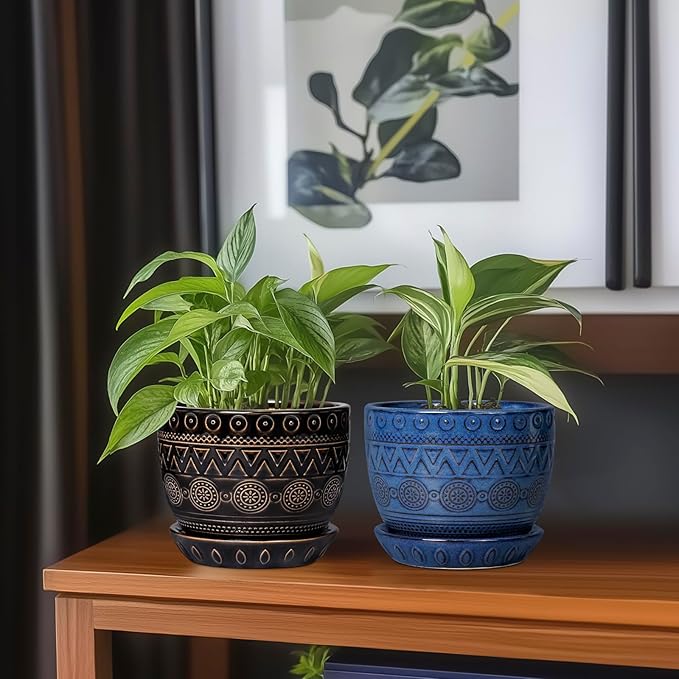 G EPGardening 5.5 Inch Ceramic Planter - Ceramic Plant Pot for Indoor Outdoor Plants, Boho Round Flower Pot with Drainage Hole and Saucer, Gifts for Plant Lovers, Office Garden Home Decor, Black