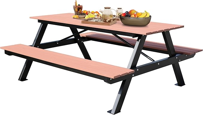 6FT Outdoor Picnic Table and Bench Set with 2" Umbrella Hole, WPC Tabletop Seattop Patio Dining Set for 6 People, Outdoor Dining Table and Chair for Park Garden Yard Patio- Brown