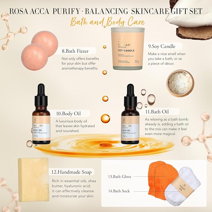 Skin Care Set for Women & Men, 28pcs Facial Kit at Home, Self Care Pamper Set, Birthday Gifts, Orange Spa Gift Baskets for Women, Serum, Face Cream, Bath Oil, Bath Bomb, Mothers Day, Christmas, Dad