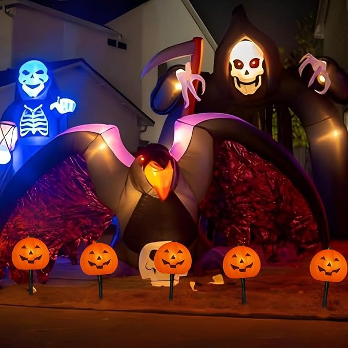 4 Pack Halloween Pumpkin Pathway Lights - 7Ft Outdoor Decorative String Lights with 4 Jack-O-Lantern Stake Lights for Halloween Yard, Garden, Walkway, Party and Lawn Decorations, Waterproof