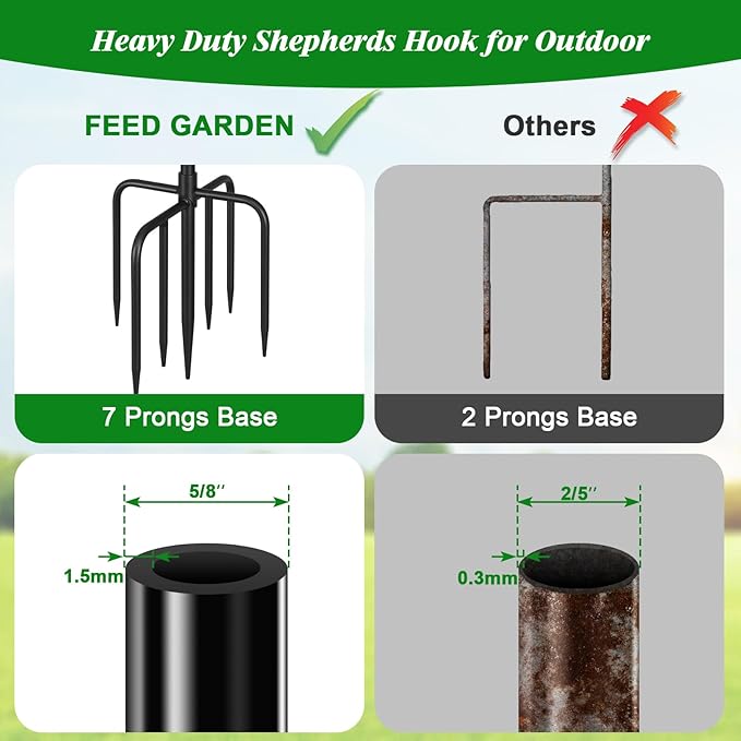 FEED GARDEN Adjustable Shepherd Hook Bird Feeder Pole with 7 Prongs Base, 108 Inch Tall 5/8 Inch Thick, Heavy Duty Outdoor Garden Poles for Hanging Bird Feeders, Plant Baskets, Black (1 Pack)