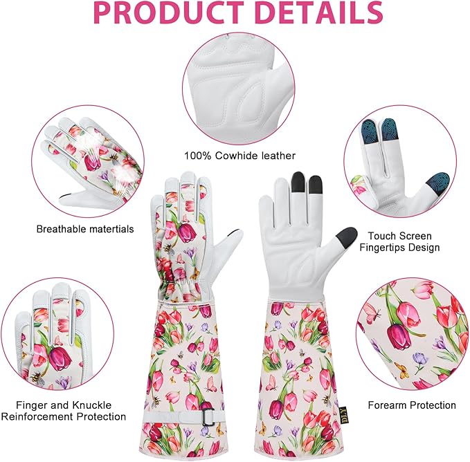 DLY Gardening Gloves for Women, Rose Gloves Gardening Thorn Proof, Long Garden Gloves for Women, Breathable Cowhide Leather Gauntlet(Small,White)