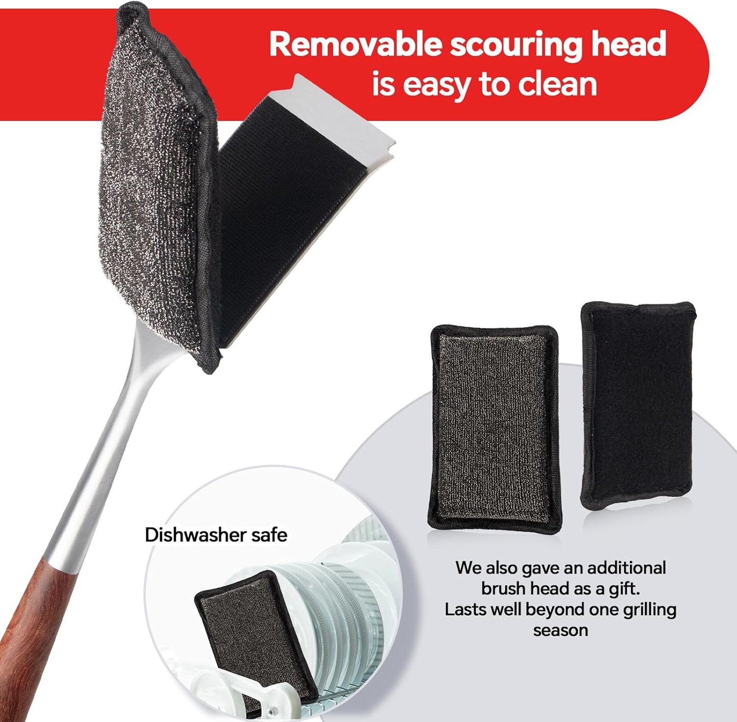 Bristle-Free Steam Cleaning Grill Brush,with Extended Luxurious Rosewood Handle and 1 Replacement Head,BBQ Grill Cleaning Brush Kit,Safe Grill Cleaner for Outdoor Grill,Gifts for Men/Dad