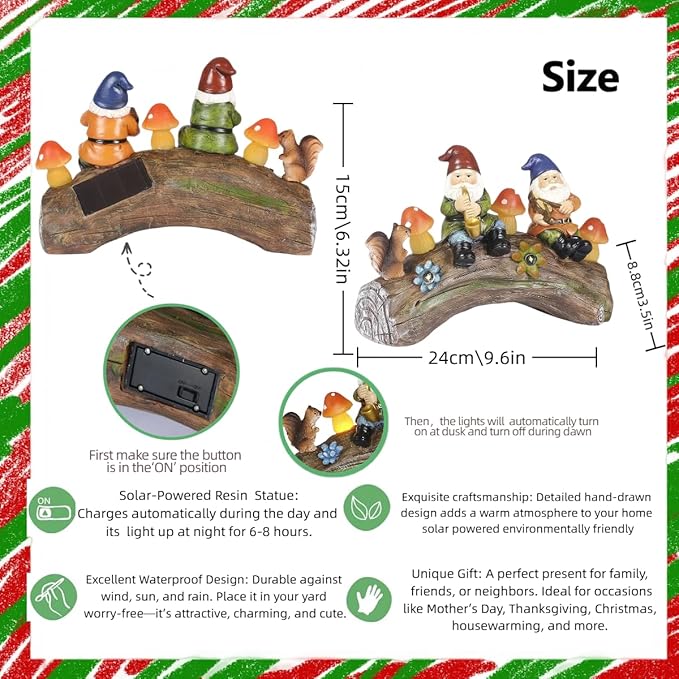 Funny Garden Gnome Statue Solar Powered Mushroom Figurine with Squirrel Gnome Durable Resin Outdoor Decoration for Patio Yard Lawn Ornament Housewarming Gift