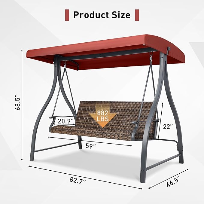 BPS 3 Seat Outdoor Porch Swing with Adjustable Canopy, PE Wicker Patio Swing Chair with Quick-Drying Foam Seat, 882 LBS Capacity, Proch Swings for Deck, Backyard, and Lawn, Red