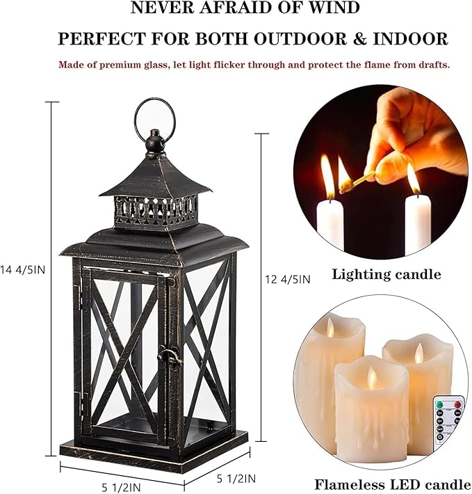 DECORKEY Lantern Decorative Indoor & Outdoor, Large Hanging Candle Lanterns Home Decor, Vintage Metal Candle Holders for Front Porch Patio Wedding Party, Halloween Christmas Decorations (Black)