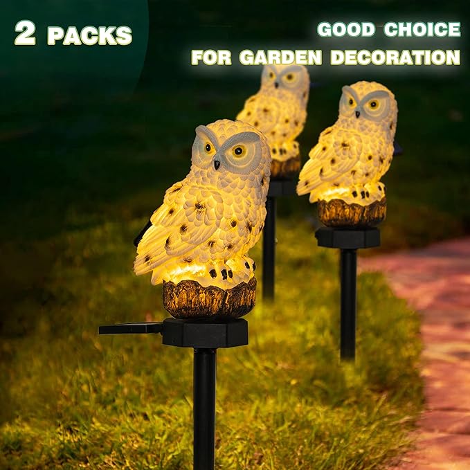 Dazzle Bright 2 Pack Owl Figure Solar LED Lights, Resin Garden Waterproof Decorations with Stake for Outdoor Yard Pathway Outside Patio Lawn Decor to Scare Birds Away, Gifts for Women, Owl Lovers