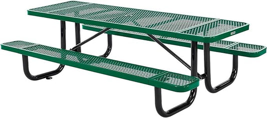 Global Industrial 8’L Rectangular Picnic Table, Expanded Metal, Green Thermoplastic Coating, Attached Benches, 1-1/2” Umbrella Pole Hole, Outdoor-Rated, 1000 lb Capacity, 96” x 30” Tabletop