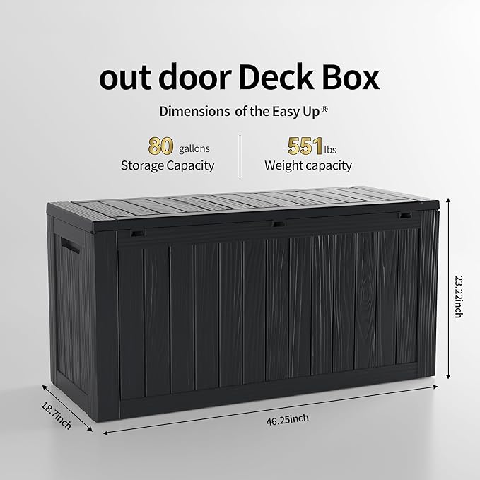 80 Gallon Lockable Resin Deck Box, Waterproof & UV-Resistant Outdoor Storage Box for Outdoor Cushion Storage, Garden Tools & Pool Accessories Storage, Black