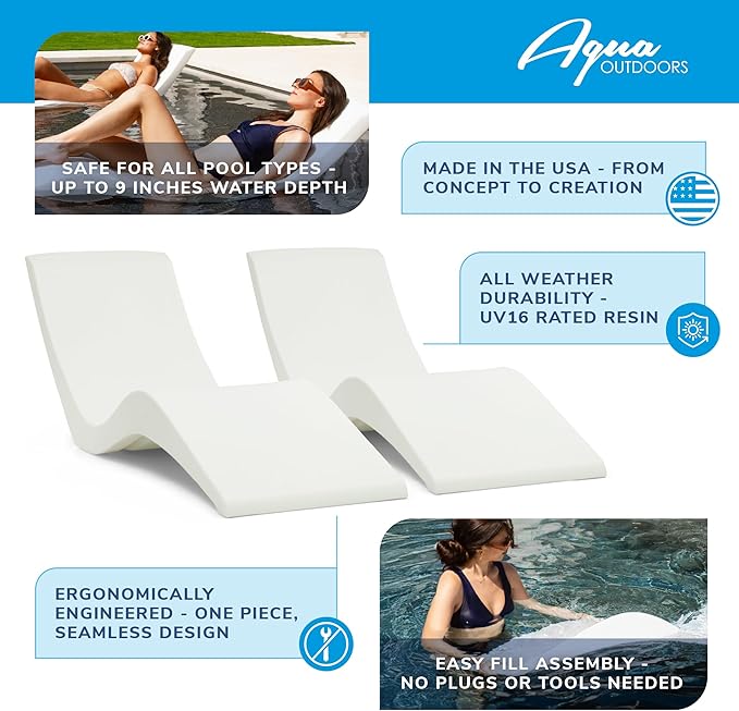 Aqua Outdoors Pool Chaise Lounge Chairs for Ledge & Shelf, Water-Weighted Pool Lounger for Depths Up to 9”, No Screw Plugs & Tools Needed, Classic White Ledge Lounger, Set of 2