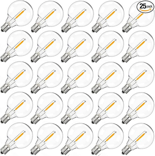 Brightown G40 Solar Replacement Bulbs, E12/C7 Candelabra Screw Base, 3V, 0.15W, 1.5 Inch Shatterproof Globe LED Bulbs Only for Solar Outdoor String Lights, 2700K, Dimmable, Warm White, 25 Pack