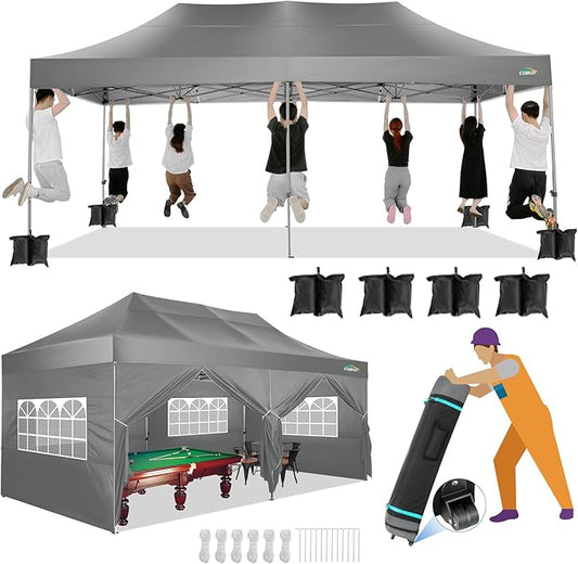 COBIZI 10x20 Canopy with Sidewalls, Heavy Duty Party Tent Pop up carpas para Fiestas, Tents for Parties, Wedding, Outdoor Ez up Foldable Portable Canopy Tent with Wheeled Bag, Grey(Windproof Upgrade)